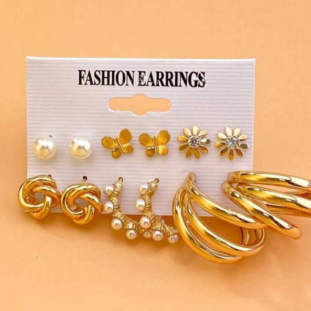 6 pairs Faux Pearl Flower Decor Earrings